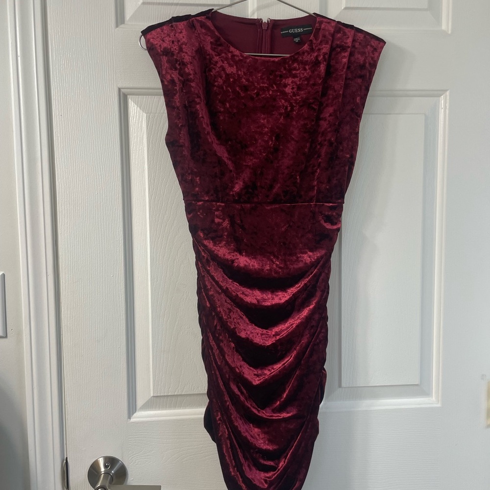 Guess Deep Red Velvet Midi Dress